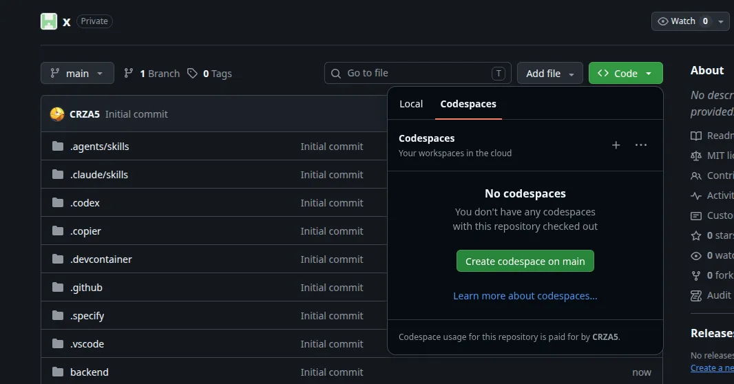The Code dropdown open on the Codespaces tab, with “Create codespace on main” highlighted