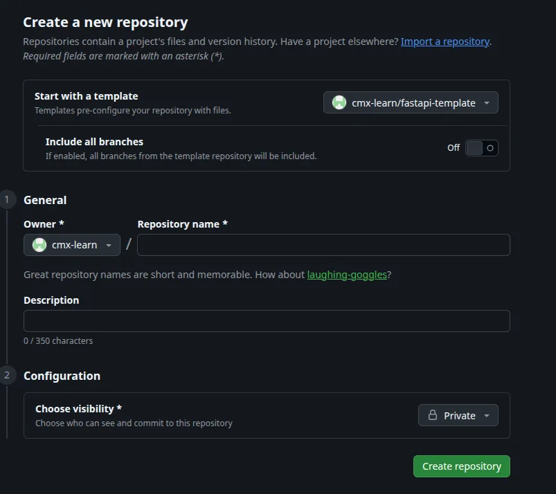 The GitHub “Create a new repository” form, pre-filled with cmx-learn/fastapi-template as the source