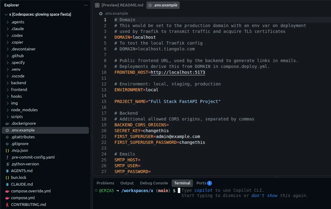.env.example open in the editor, showing DOMAIN, FRONTEND_HOST, SECRET_KEY, FIRST_SUPERUSER, and SMTP variables