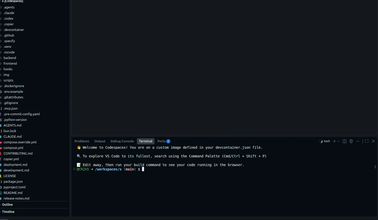 The full file tree in a ready codespace, with .env.example visible at the root