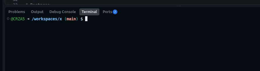 A clean terminal prompt at /workspaces, setup finished