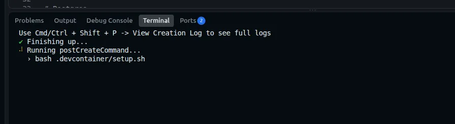 The Codespaces terminal showing “Running postCreateCommand… bash .devcontainer/setup.sh”